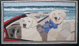 Hooked Rug "Two Labrador Retrievers in a Motorboat"