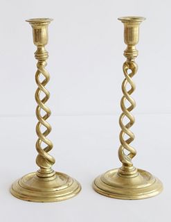Pair of Brass Barley Twist Column Candlesticks, 19th Century
