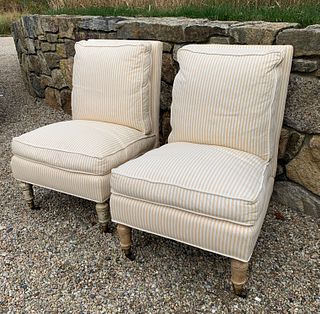 Pair of Yellow and White Striped Upholstered Slipper Chairs