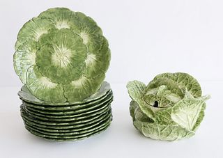 Set of 12 Cabbage Leaf Ceramic Chargers with Associated Covered Tureen