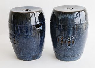 Pair of Chinese Cobalt Blue Drip Glaze Porcelain Garden Stools