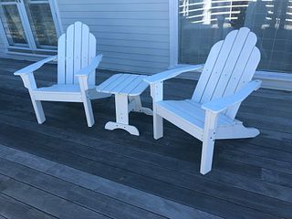 Two White Adirondack Style Armchairs and Side Table