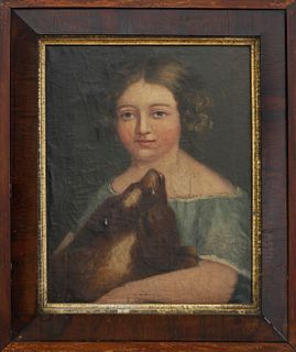 Oil on Canvas "Portrait of a Young Girl and Her Dog"