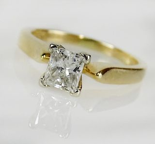 Lady's approx. .75 Carat Princess Cut Diamond and 14 Karat Yellow Gold Engagement Ring