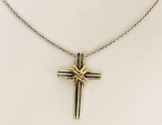 Tiffany & Co 18 Karat Yellow Gold and Sterling Silver Cross Pendant with Sterling Silver Chain