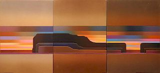 Rib Bloomfield, British (20th C) Retro 1970's Oil on Canvas on wooden relief Tryptic Painting
