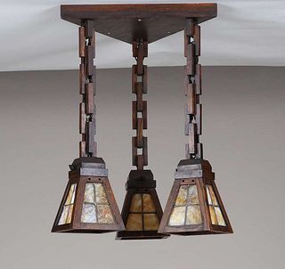 W.B. Brown 3-Light Hanging Oak & Slag Glass Chandelier
