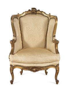 A Louis XV Style Carved Giltwood Bergere a Oreilles