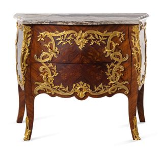 A Louis XV Style Gilt Bronze Mounted Marquetry Marble-Top Bombe Commode 