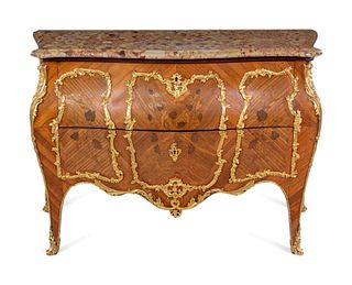 A Louis XV Style Gilt Bronze Mounted Sans Traverse Marquetry Marble-Top Bombe Commode