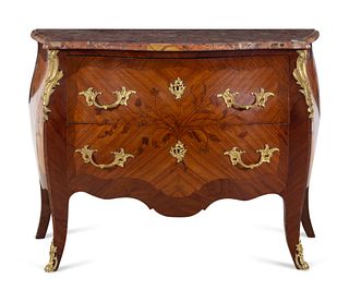 A Louis XV Style Gilt Bronze Mounted Kingwood and Sans Traverse Marquetry Marble-Top Bombe Commode
