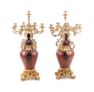 A Pair of Louis XV Style Gilt Bronze Mounted Tole Nine-Light Candelabra