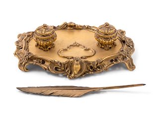 A Louis XV Style Gilt Bronze Ink Stand and Quill