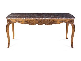 A Louis XV Provincial Style Carved Oak Marble-Top Center Table