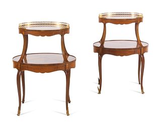 A Pair of Louis XV Style Gilt Metal Mounted and Marquetry Satinwood Two-Tier Tables