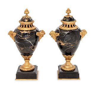 A Pair of Louis XV Style Gilt Bronze Mounted Marble Covered Urns