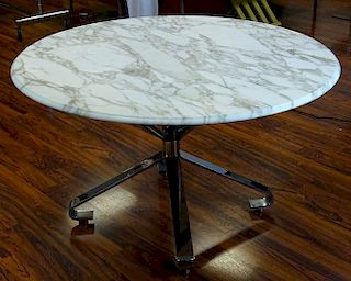 Retro Chrome and White Marble Table with Brass Ball Decoration