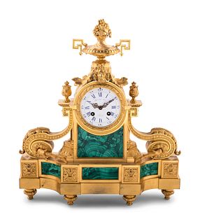A Louis XVI Style Malachite and Gilt Bronze Mantel Clock