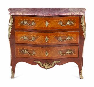 A Louis XVI Style Gilt Bronze Mounted Marquetry Marble-Top Bombe Commode