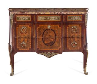 A Louis XV/XVI Transitional Style Gilt Bronze Mounted Sans Traverse Marquetry and Marble-Top Commode