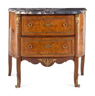 A Louis XV/XVI Transitional Style Gilt Bronze Mounted Marquetry Marble-Top Commode