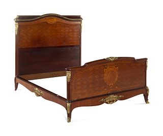 A Louis XV/XVI Transitional Style Gilt Bronze Mounted Marquetry and Parquetry Bed