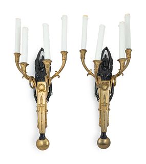A Pair of Empire Style Gilt and Patinated Bronze Four-Light Sconces