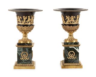 A Pair of Empire Style Gilt Bronze and Tole Mounted Marble Urns