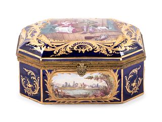A Sevres Style Gilt Metal Mounted, Painted and Parcel Gilt Porcelain Table Casket