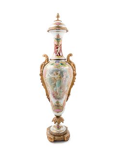 A Large Sevres Style Gilt Bronze Mounted Painted and Parcel Gilt Porcelain Covered Urn