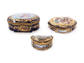 Three Sevres Style Gilt Metal Mounted Painted and Parcel Gilt Porcelain Boxes