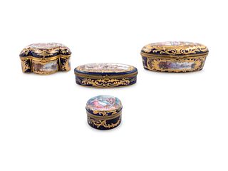 Four Sevres Style Gilt Metal Mounted Painted and Parcel Gilt Porcelain Boxes