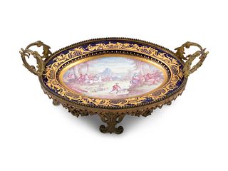 A Sevres Style Gilt Metal Mounted Painted and Parcel Gilt Porcelain Center Bowl