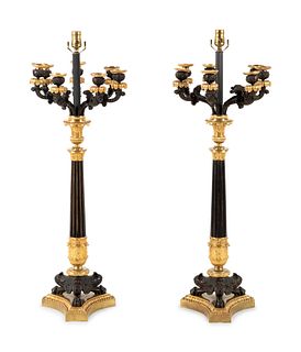 A Pair of Charles X Gilt and Patinated Bronze Seven-Light Candelabra