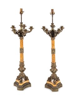 A Pair of Charles X Bronze and Marble Six-Light Candelabra
