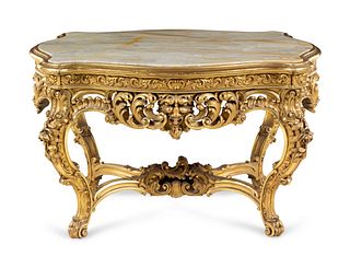 A Neoclassical Carved Giltwood Marble-Top Center Table
