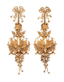 A Pair of Neoclassical Gilt Bronze Three-Light Sconces