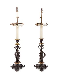 A Pair of French Gilt and Patinated Bronze Figures Mounted as Lamps