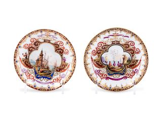 A Pair of Meissen Painted and Parcel Gilt Porcelain Dishes