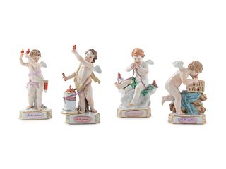 Four Meissen Painted and Parcel Gilt Porcelain Motto Figures