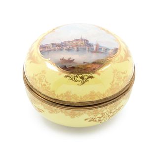 A Meissen Gilt Metal Mounted Painted and Parcel Gilt Yellow-Ground Porcelain Box