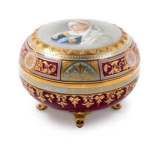 A Vienna Painted and Parcel Gilt Covered Porcelain Box Depicting Queen Victoria