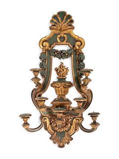 A Large Continental Painted and Parcel Gilt Seven-Light Sconce