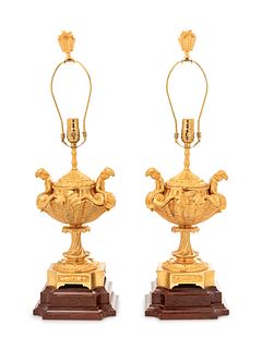 A Pair of Continental Gilt Bronze Covered Urns Mounted as Lamps