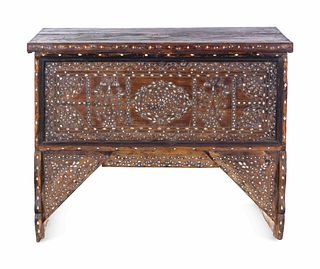 A Syrian Mother-of-Pearl Inlaid Walnut Chest on Stand
