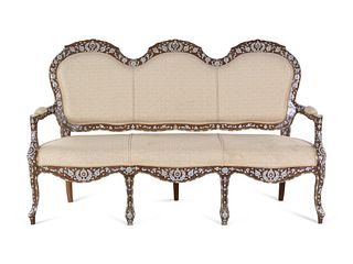 A Syrian Mother-of-Pearl and Metal Inlaid Walnut Settee
