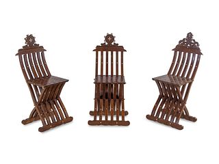 Three Syrian Mother-of-Pearl Inlaid Walnut Folding Chairs