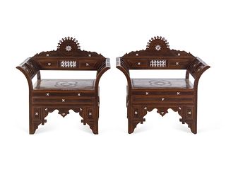 A Pair of Syrian Mother-of-Pearl Inlaid Carved Walnut Armchairs