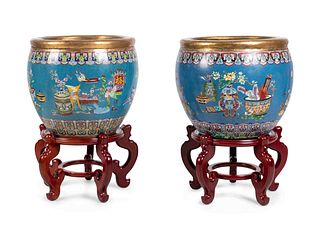 A Pair of Chinese Cloisonne Fish Bowls and Stands