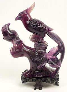 Chinese Carved Amethyst Sculpture Group on carved wood base, Phoenix Birds on a Branch